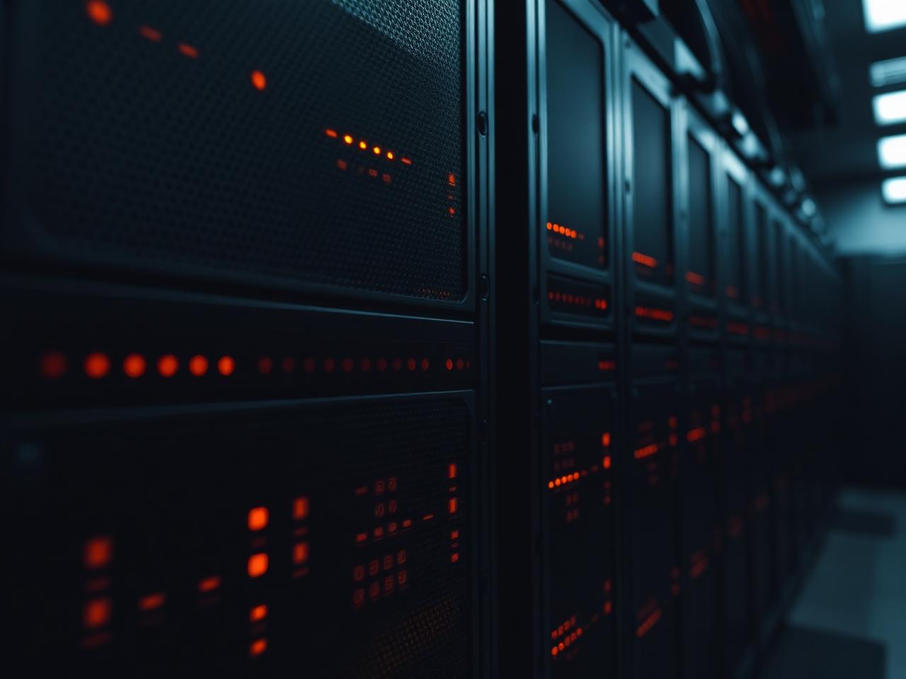 Serwerownia HostFly z niebieskimi diodami statusu